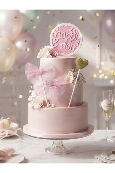 Happy B-Day Parıltılı 3'lü Pembe Pasta Süsü Seti