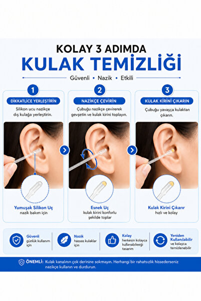 MCA Deerhome 3 Paket Yapışkan Silikon Uçlu Kulak Temizleme Çubuğu 24'lü Yıkanabilir Tekrar Kullanılabilir Hijyenik Çubuk (3x24'lü)