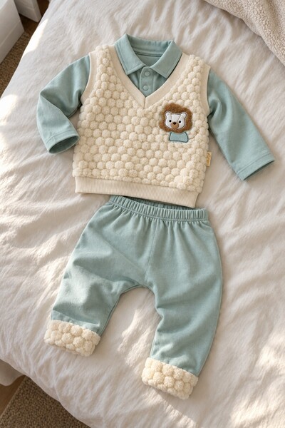 METEOR BABY Baby Boy Set with Lion Detail, One-Piece Top and 2-Piece Bottom a...