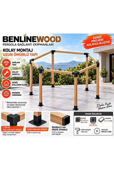 benlinewood 6 Gen Pergola Bağlantı Ekipmanı – 90x90x2,5 mm Profil Uyumlu – 85...