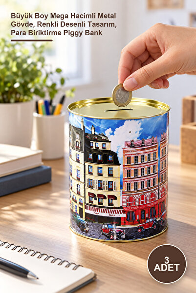 Yenilig 3 Pieces of Illustrated Metal Piggy Banks – Large Size Mega Volume Me...