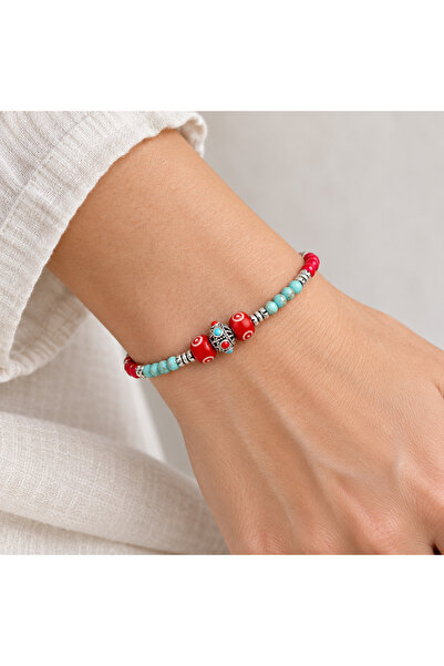 HER ŞEY NOTA www.herseynota.com Red and Turquoise Beaded Anchor Detailed Silv...