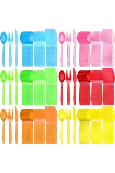 SYOSI 180 Pcs Neon Party Plastic Silverware Set Colorful Rainbow Disposable C...