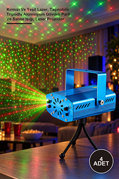 4 Adet Lazer Makinesi – Kırmızı Ve Yeşil Lazer, Taşınabilir Tripodlu Alüminyum Gövdeli Parti Ve Sahne Işığı, Laser Projector
