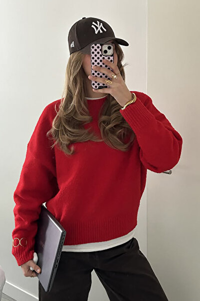 Butik Women's Red Crew Neck Oversize Knitwear Sweater Nns030