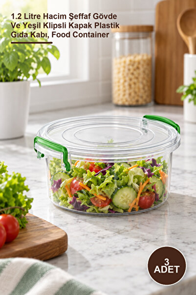 Yenilig 3 Round Storage Boxes – 1.2 Liter Volume Transparent Body and Green C...