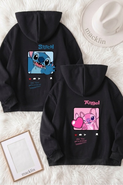macklin Unisex Sevgili Çift Kombini Stitch ve Angel Friends Love SIRT Baskılı...