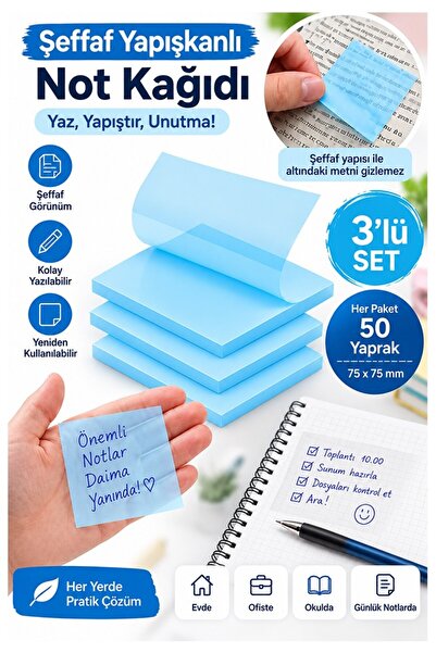 Artlantis Hârtie adezivă albastră transparentă pentru notițe 50 de coli 3 pac...