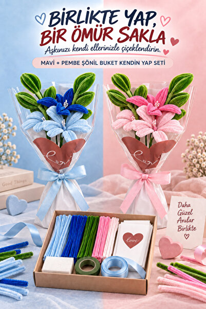 Bee Flower Shop Sevgiliyle Yap Mavi + Pembe Şönil Lilyum Buketi DIY Kiti 130 ...