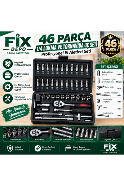 Fixdepo 46 Parça 1/4 Lokma Seti Cırcır Kolu ve Tornavida Uçları Profesyonel T...