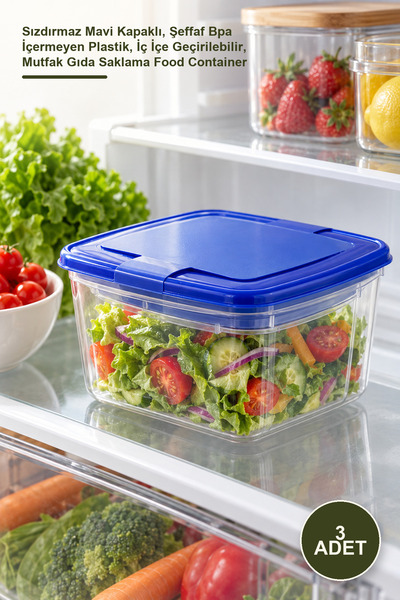 Yenilig 3-Piece Square Storage Container Set – Leak-Proof Blue Lids, Transpar...