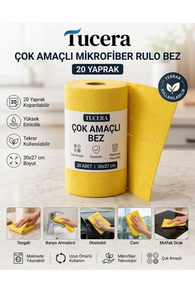Tucera 20-Piece Roll of Microfiber Cleaning Cloths - Washable, Odorless, Multi-Purpose 30X27 cm