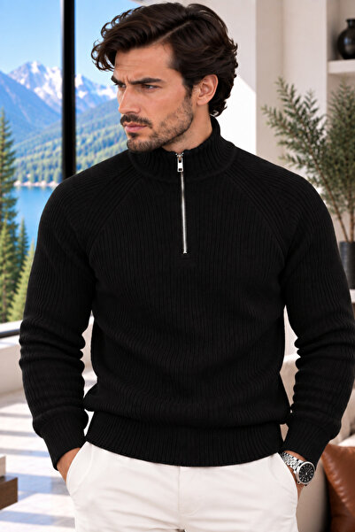 Cherry Butik Half Zipper Detailed Raglan Sleeve Men's Basic Knitwear Sweater
