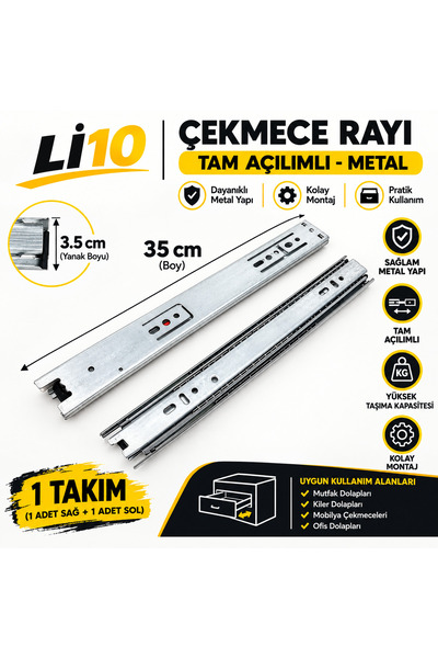 MB HIRDAVAT 35 cm Tam açılımlı Teleskopik Bilyalı Mobilya Çekmece Rayı (35mm ...