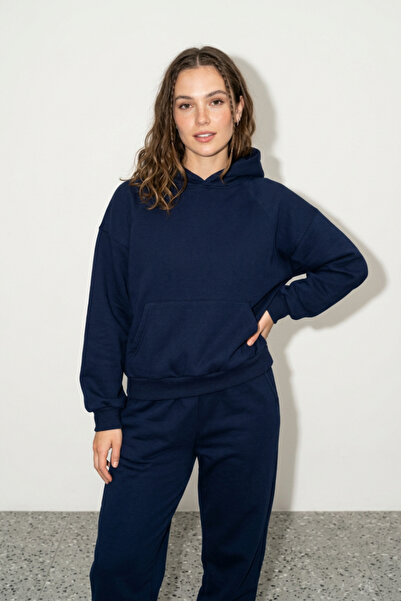 Runades Kadın Pamuklu Kapüşonlu Cepli Oversize Sweatshirt Eşofman Takımı