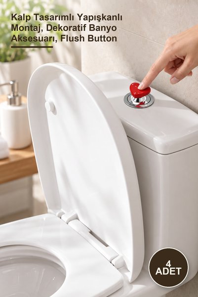 Yenilig 4 Adet Klozet Sifon Tuşu – Kalp Tasarımlı Yapışkanlı Montaj, Dekoratif Banyo Aksesuarı, Flush Button