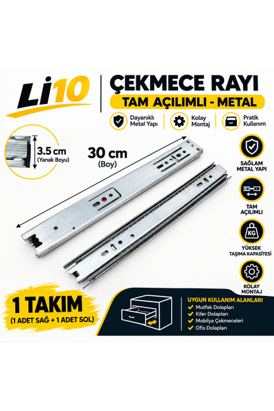 MB HIRDAVAT 30 cm Tam açılımlı Teleskopik Bilyalı Mobilya Çekmece Rayı (35mm ...