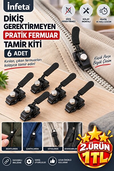 İnfeta 6Pcs Black No-Sew Zipper Repair Kit Practical Zipper Head