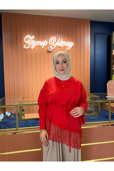 By Zeynep Yılmaz Dantel Sweatshirt Kırmızı