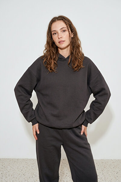 Runades Kadın Pamuklu Kapüşonlu Cepli Oversize Sweatshirt Eşofman Takımı
