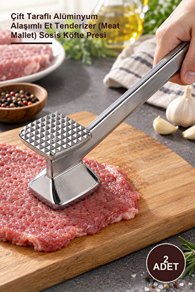 2 Adet Et Dövme Çekici – Çift Taraflı Alüminyum Alaşımlı Et Tenderizer (Meat Mallet) Sosis Köfte Presi