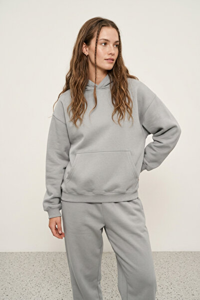 Runades Kadın Pamuklu Kapüşonlu Cepli Oversize Sweatshirt Eşofman Takımı