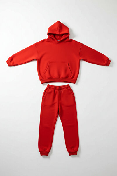 Runades Kadın Pamuklu Kapüşonlu Cepli Oversize Sweatshirt Eşofman Takımı