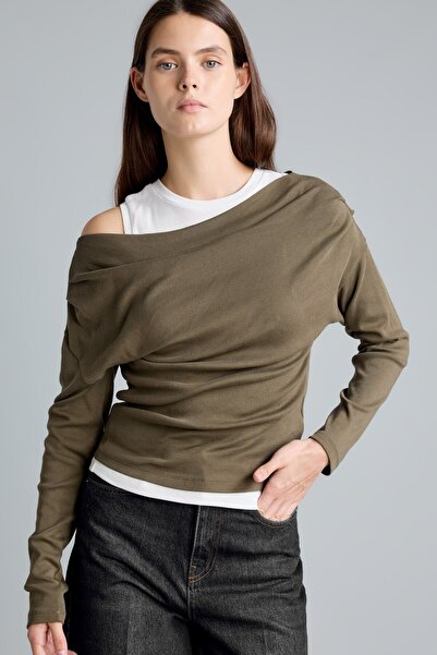 DeFacto 100% Cotton Slim Fit One-Shoulder Draped Detailed Ribbed Long Sleeve ...
