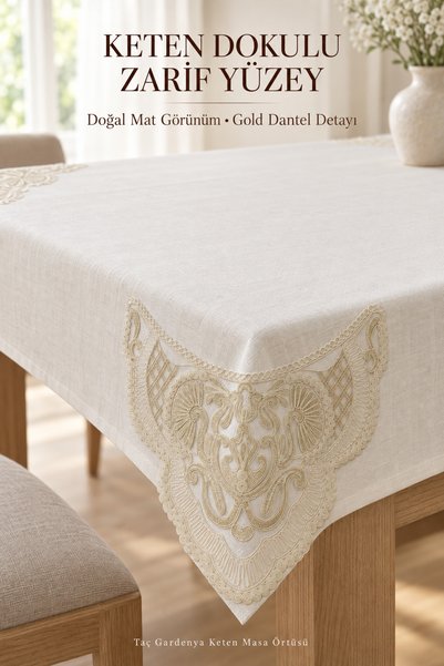 atak by atak home collection Taç Gardenya Keten Masa Örtüsü – Krem Renk, 4 Kö...