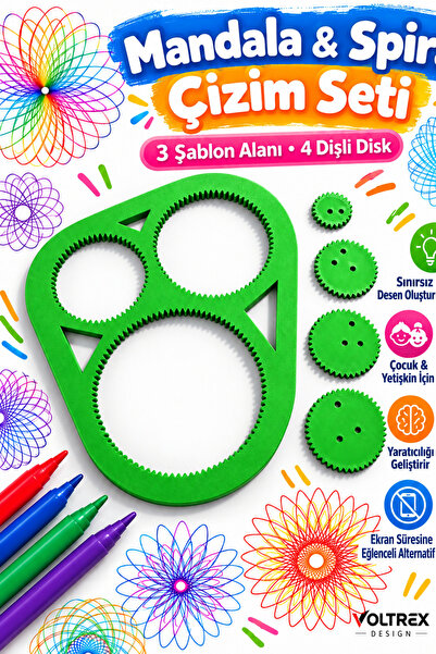 voltrex design Spirograf Mandala & Spiral Çizim Seti – 3 Şablon Alanlı 4 Dişl...