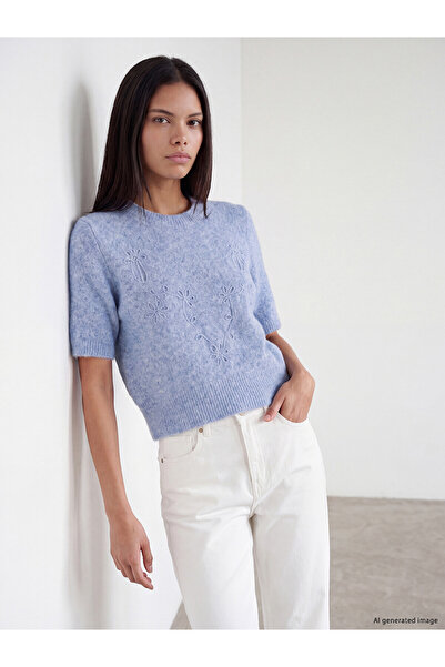 LC Waikiki Nevavm Lcw Comfort Blue Knitwear Embroidered Oval Neck Women's Swe...