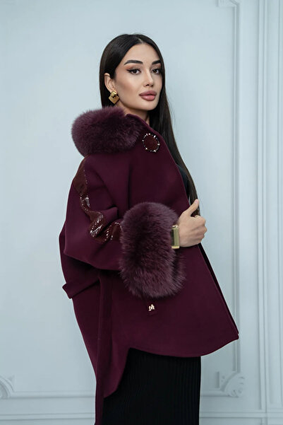 Eccim Fashion Kürk Yaka ve Kürk Kol Detaylı Broşlu Kısa Kadın Palto Kaban