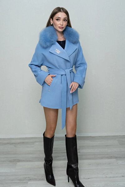 Eccim Fashion Kürk Yaka Broşlu Kemerli Kısa Kadın Palto Kaban
