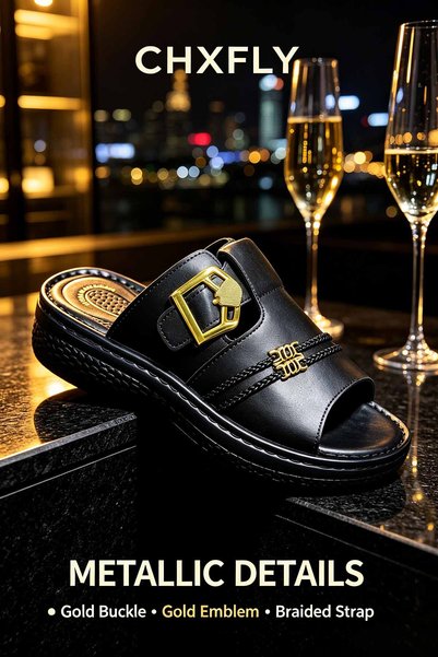 Glory One Mart Mens Leather Open Toe Platform Slippers Adjustable Strap Casua...