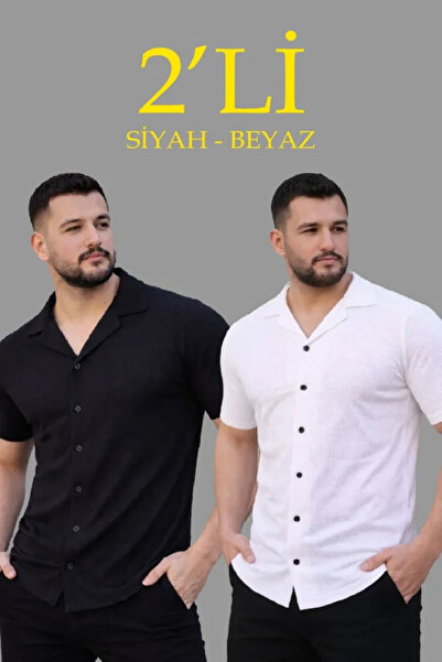 MYSSHOES Men's Waffle Woven Open Collar Buttoned Regular Fit 2-Piece Shirt Se...
