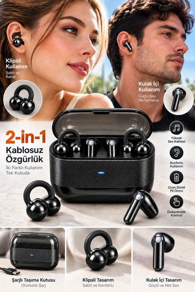 Epilons 4 Kulaklıklı 2’si 1 Arada Kablosuz Bluetooth Kulaklık Klipsli Kulak İçi Siyah