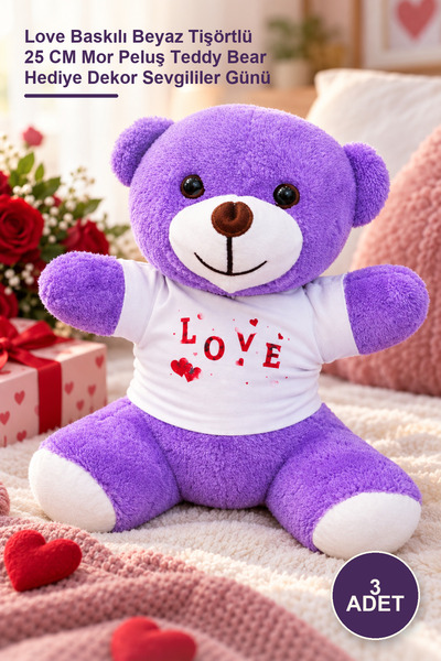 Yenilig 3 Plush Teddy Bears – 25 cm Purple Plush Teddy Bear with Love Printed...