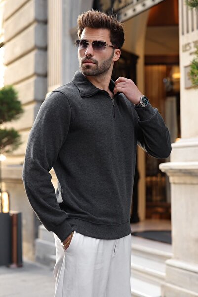Madmext Anthracite Stand Collar Half Zipper Men's Sweatshirt E7211