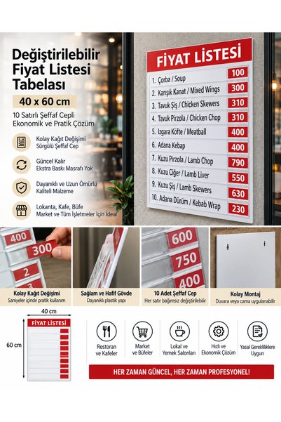 Genel Markalar 40x60 cm Değiştirilebilir Fiyat Listesi Tabelası - 10 Satırlı ...