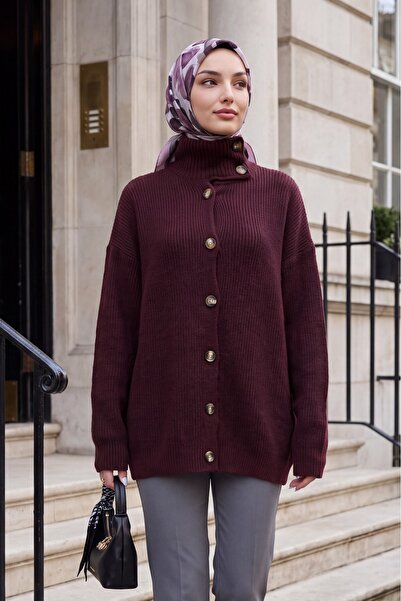 Modamorfo Half-High Collar, Buttoned Front, Casual Knitwear Cardigan - Burgundy