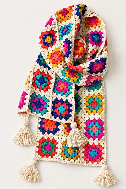 örgü Kadın El Örgüsü Renkli Motifli Uzun Şal Atkı kadın patchwork kış sezonu ...
