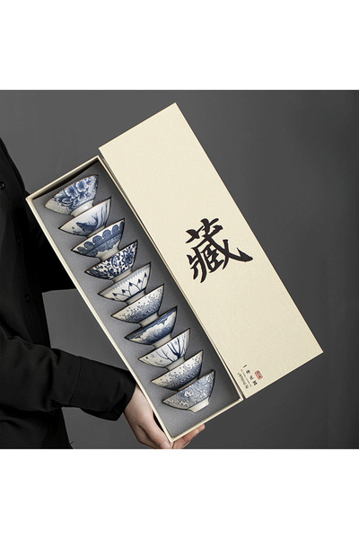 PriStyle Set of 10 Premium Ceramic Asian Style Cups, Traditional Blue Pattern...