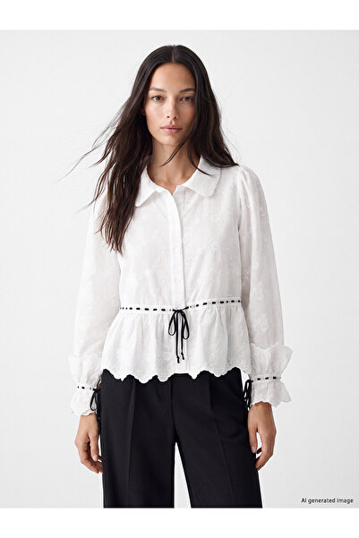 LC Waikiki Lcw Studio White Floral Embroidered Brode Women's Shirt with Nevav...