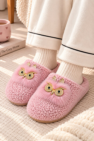 EBRUTESETTÜR Plush House Slippers with Owl Figure Powder