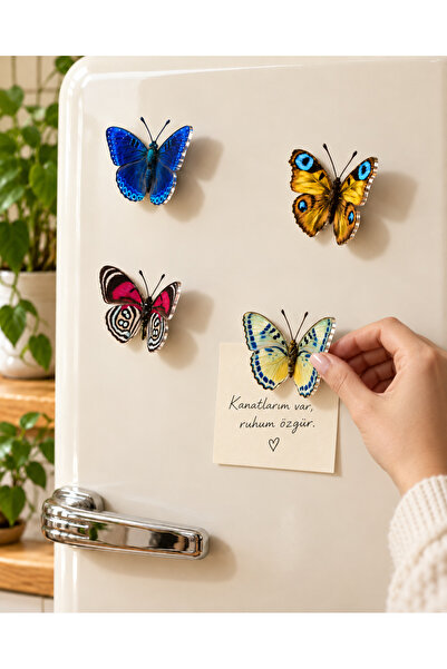 unique florya 5 cm 4’lü 3 Boyutlu Kelebek Magnet Seti Buzdolabı Süsü Dekorati...