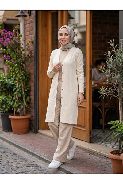 Kadın Kendinden Desenli Oversize Düğmeli Uzun Akrilik Triko Hırka