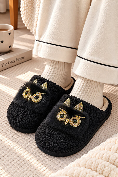 EBRUTESETTÜR Plush House Slippers with Owl Figure, Black