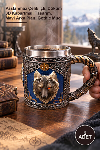 Yenilig 2 Pieces 3D Wolf Head Design Gothic Mug – Stainless Steel Interior, C...