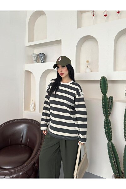 VALDOR Kadın Yeşil Ekru Çizgili Premium Örme Oversize Bisiklet Yaka Sweatshirt