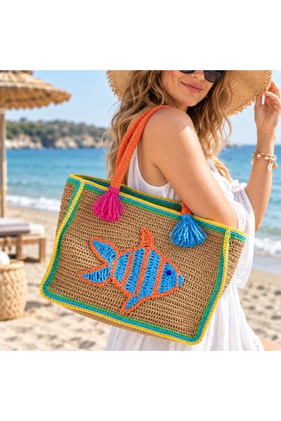 edirneörgü Women's Hand-Knitted Fish Figured Colorful Large Size Beach Bag